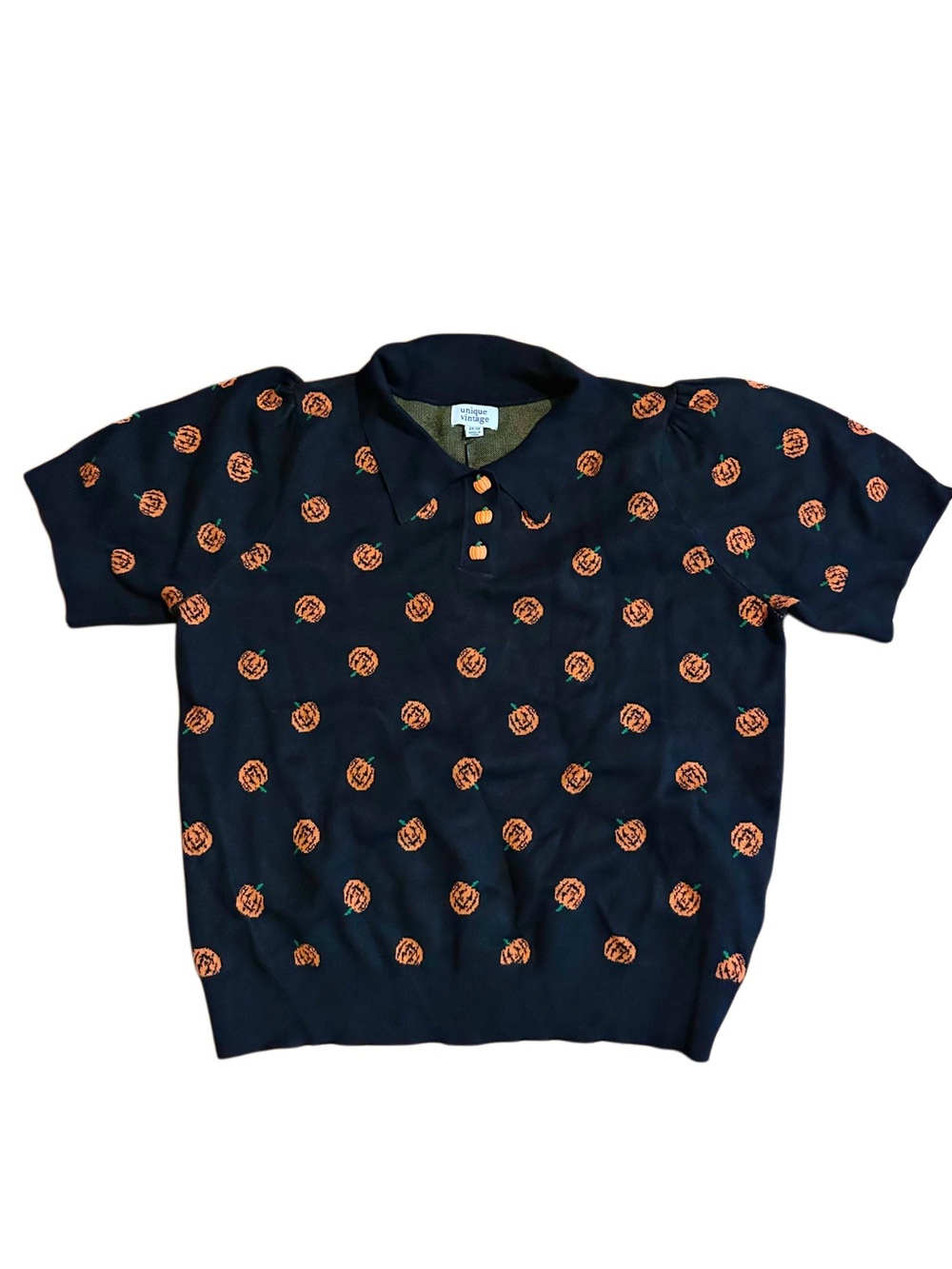 Halloween 2XL/3XL Knit Polo Shirt with Orange Pumpkin Print and Buttons